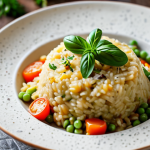 Creamy Vegetable Risotto with Plant-Based Meat**

"A close-up shot of a beautifully plated creamy vegetable risotto with plant-based meat, garnished with fresh herbs and grated Parmesan cheese. The risotto is served on a rustic ceramic plate. The background is blurred, suggesting a cozy kitchen setting. Safe for work, appropriate content, fully clothed, family-friendly, professional food photography, perfect anatomy (of the food!), correct proportions, well-formed ingredients, natural lighting, high quality."

**