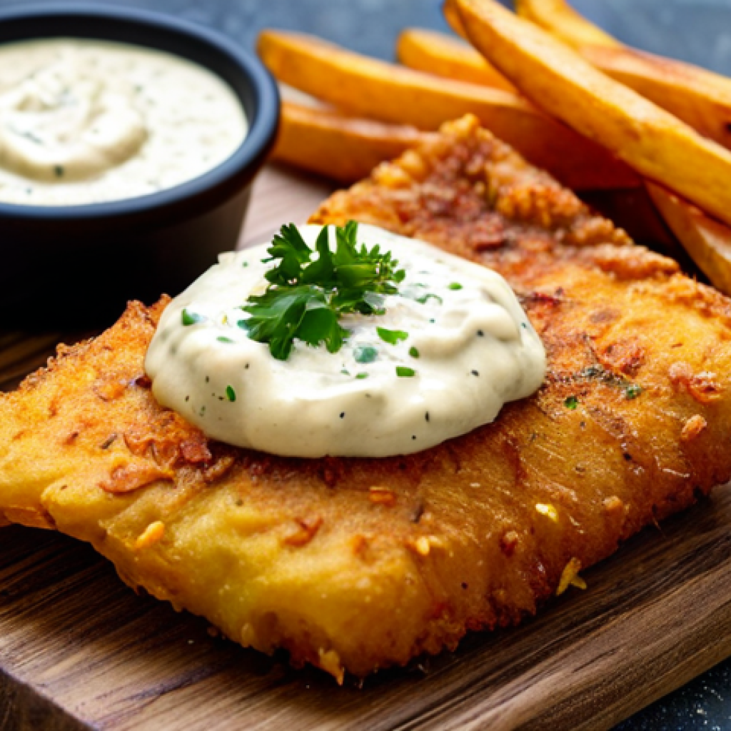 Close-up of Vegan "Fish" & Chips**

"Close-up shot of golden-brown, crispy vegan 'fish' made from heart of palm, alongside thick-cut sweet potato fries, arranged on a rustic wooden board. Tartar sauce is drizzled artfully over the 'fish'. safe for work, appropriate content, fully clothed, professional food photography, perfect composition, high resolution, vibrant colors, family-friendly."

**