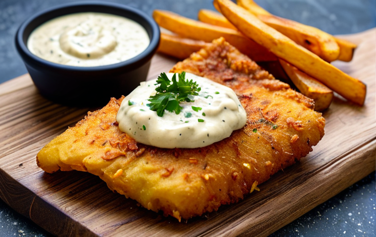 Close-up of Vegan "Fish" & Chips**

"Close-up shot of golden-brown, crispy vegan 'fish' made from heart of palm, alongside thick-cut sweet potato fries, arranged on a rustic wooden board. Tartar sauce is drizzled artfully over the 'fish'. safe for work, appropriate content, fully clothed, professional food photography, perfect composition, high resolution, vibrant colors, family-friendly."

**