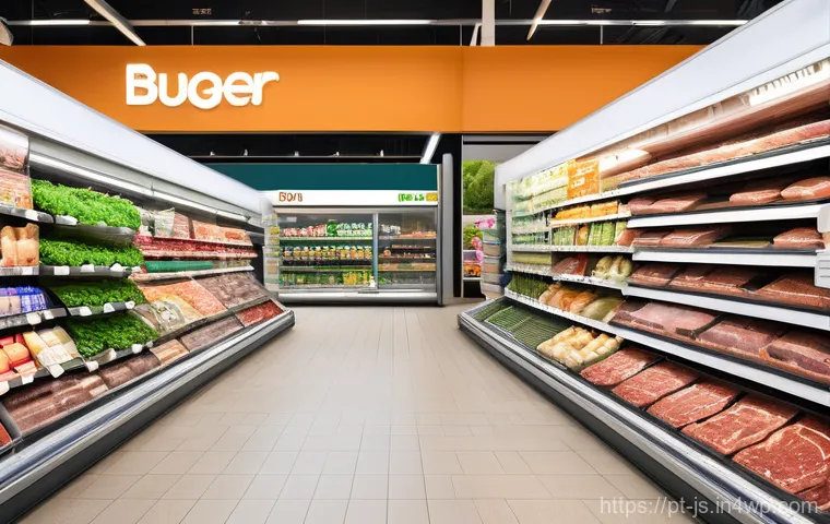대체육 활용의 실무적 팁 - **Prompt:** A visually appealing and modern supermarket aisle brimming with a diverse array of plant...