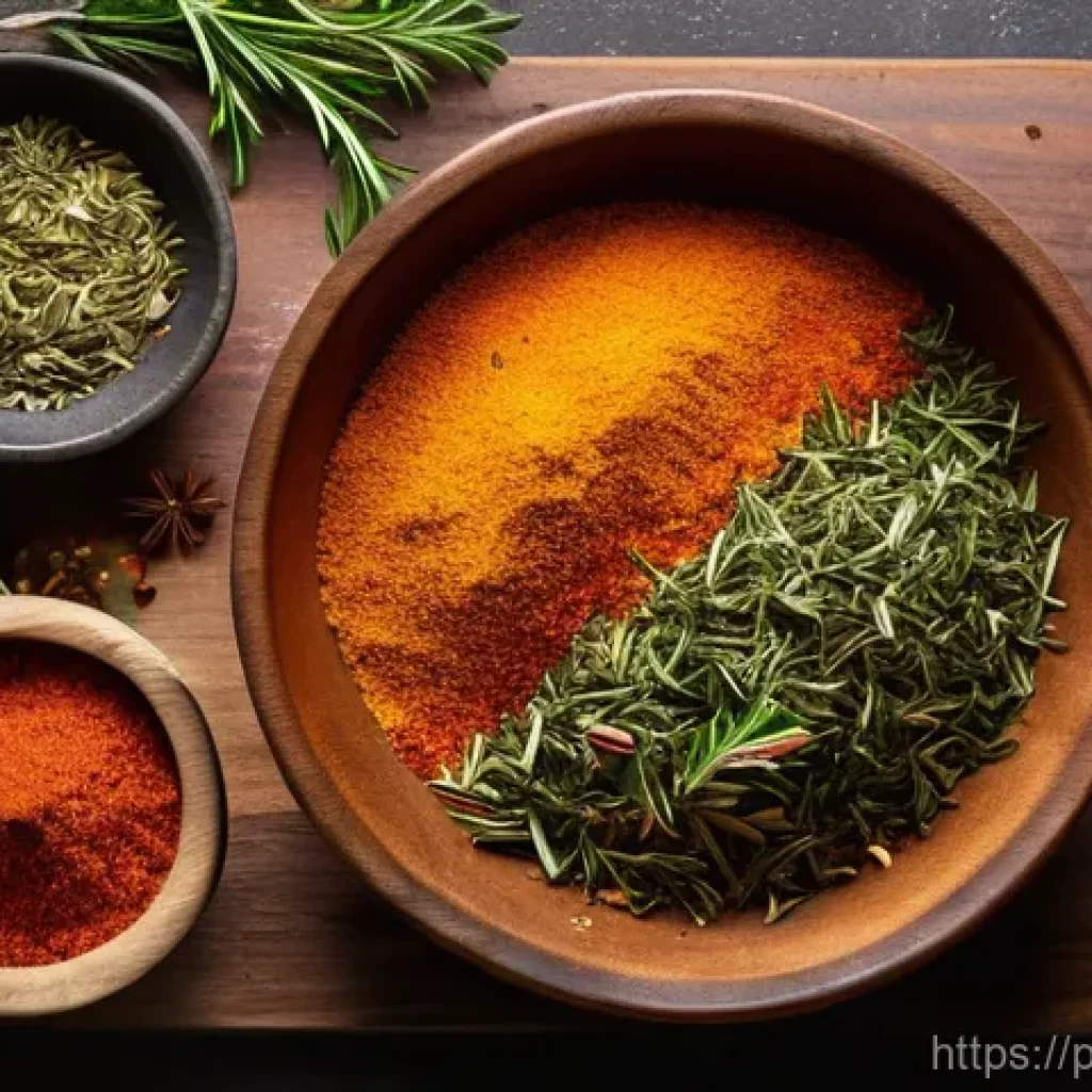 대체육 요리의 성공적인 비결 - **Prompt:** A close-up, top-down shot capturing the magical moment of seasoning in a clean, inviting...