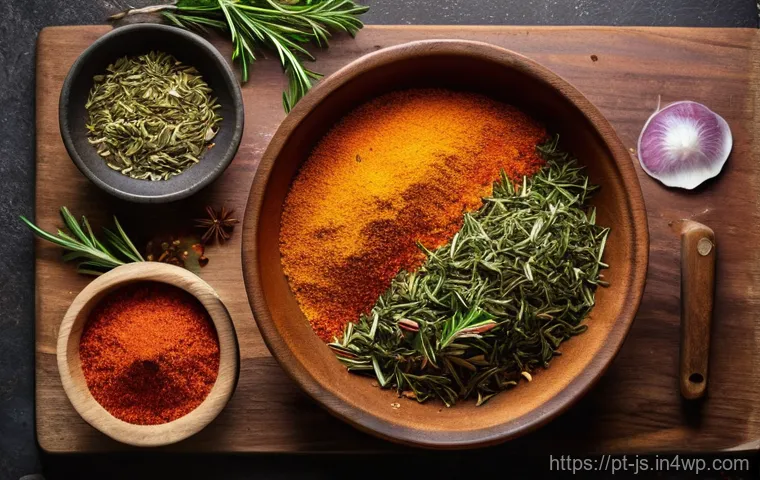 대체육 요리의 성공적인 비결 - **Prompt:** A close-up, top-down shot capturing the magical moment of seasoning in a clean, inviting...