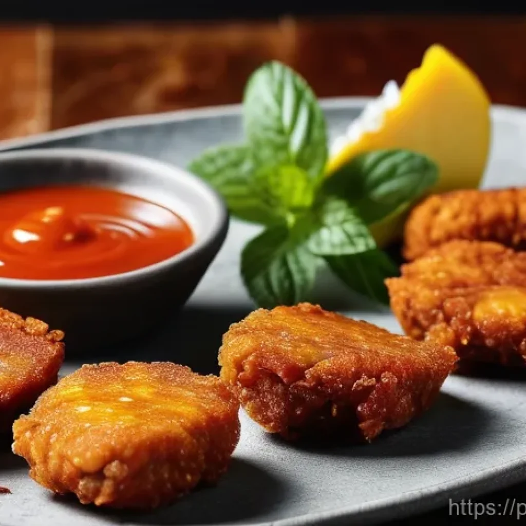 대체육으로 만든 매운 치킨너겟 레시피 - A close-up, mouth-watering shot of perfectly golden-brown, crispy spicy alternative meat nuggets, so...