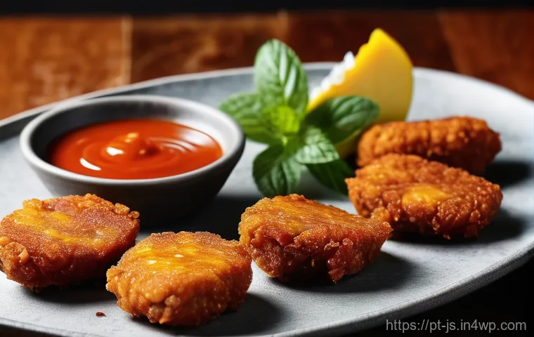 대체육으로 만든 매운 치킨너겟 레시피 - A close-up, mouth-watering shot of perfectly golden-brown, crispy spicy alternative meat nuggets, so...