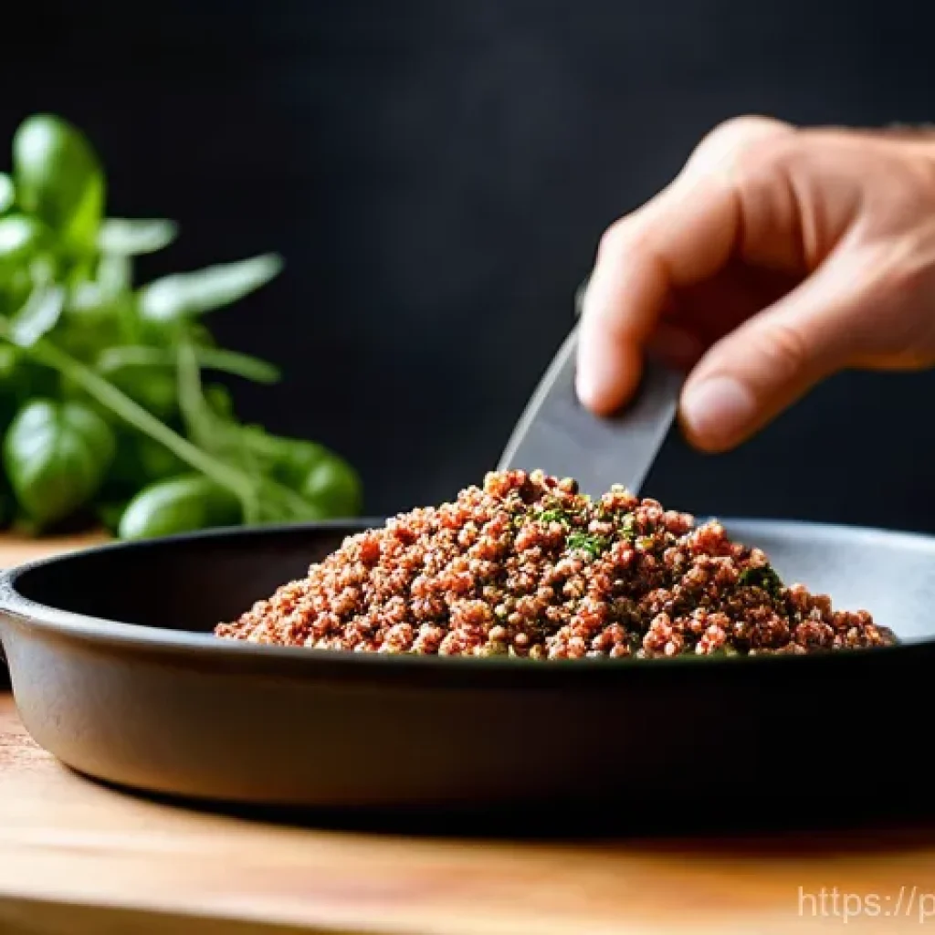 대체육으로 만든 클래식 스파게티 레시피 - **Prompt:** A close-up shot of a skilled chef's hands, in a modern, well-lit kitchen, expertly brown...