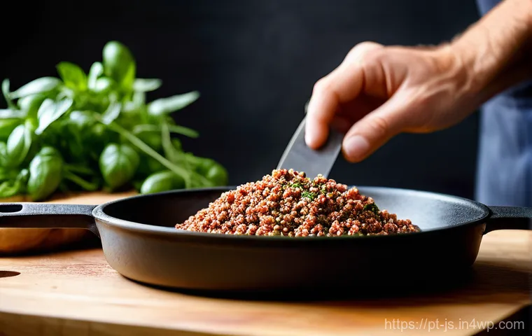 대체육으로 만든 클래식 스파게티 레시피 - **Prompt:** A close-up shot of a skilled chef's hands, in a modern, well-lit kitchen, expertly brown...