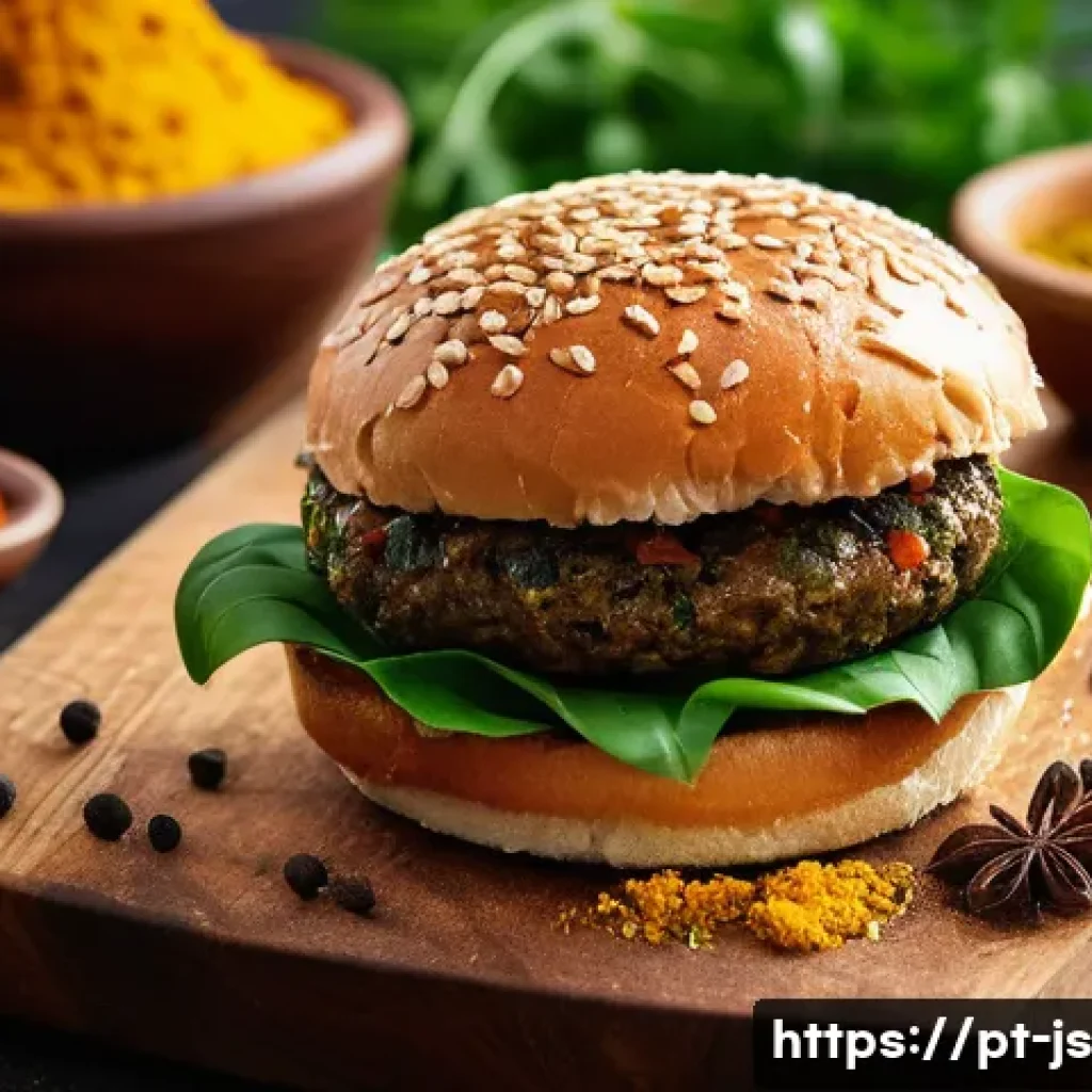 대체육 요리에서의 향신료 활용법 - A rustic kitchen scene featuring a vibrant plant-based burger patty seasoned with smoked paprika, cu...