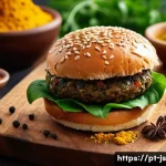 대체육 요리에서의 향신료 활용법 - A rustic kitchen scene featuring a vibrant plant-based burger patty seasoned with smoked paprika, cu...