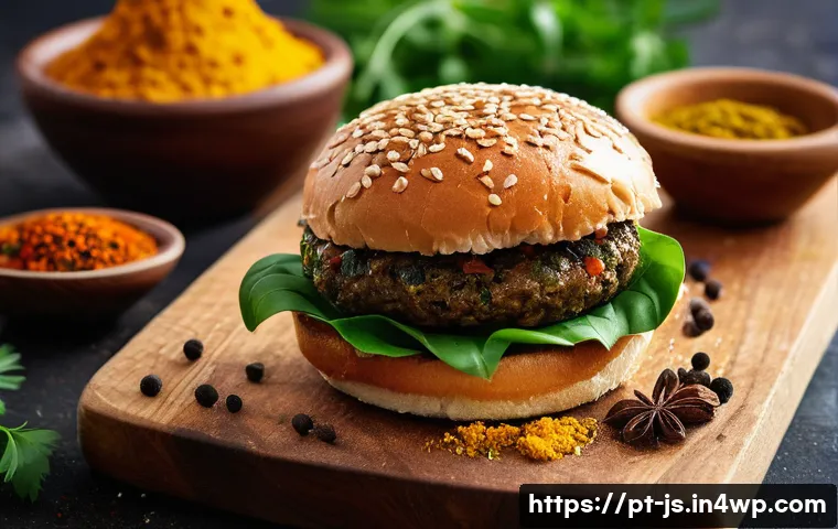 대체육 요리에서의 향신료 활용법 - A rustic kitchen scene featuring a vibrant plant-based burger patty seasoned with smoked paprika, cu...