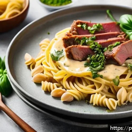 대체육으로 만든 크림 파스타 레시피 - A vibrant and inviting Brazilian kitchen scene featuring a wooden table set with a steaming plate of...
