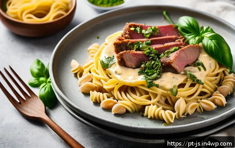 대체육으로 만든 크림 파스타 레시피 - A vibrant and inviting Brazilian kitchen scene featuring a wooden table set with a steaming plate of...