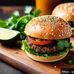 대체육 요리의 맛을 높이는 조리법 - A vibrant close-up image of a colorful plant-based burger patty seasoned with smoked paprika, freshl...