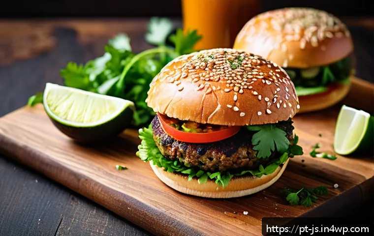 대체육 요리의 맛을 높이는 조리법 - A vibrant close-up image of a colorful plant-based burger patty seasoned with smoked paprika, freshl...