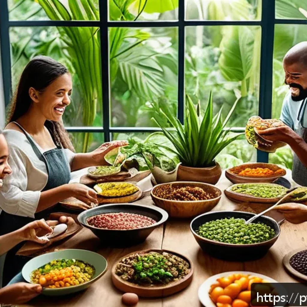대체육 요리에서의 환경적 이점 - A vibrant Brazilian kitchen scene showcasing a diverse group of adults cooking traditional dishes li...