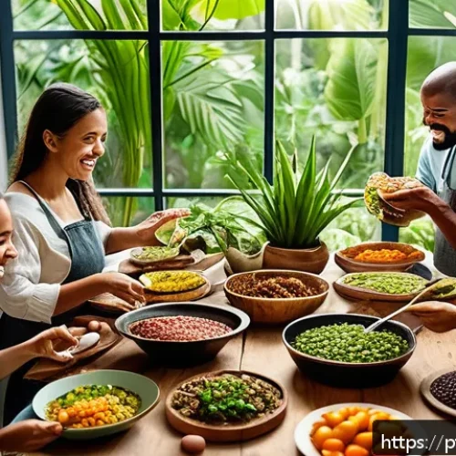 대체육 요리에서의 환경적 이점 - A vibrant Brazilian kitchen scene showcasing a diverse group of adults cooking traditional dishes li...