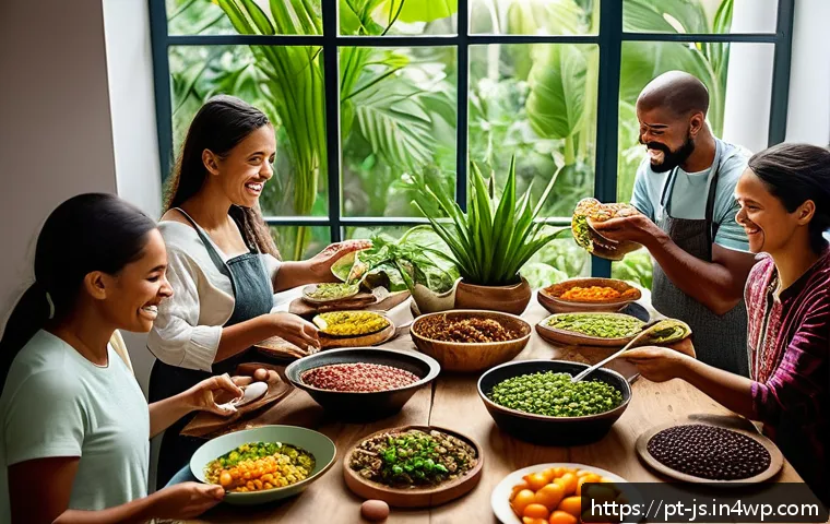대체육 요리에서의 환경적 이점 - A vibrant Brazilian kitchen scene showcasing a diverse group of adults cooking traditional dishes li...