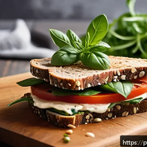 대체육으로 만든 아침 브레드 레시피 - A vibrant breakfast scene featuring a fresh plant-based sandwich on artisanal whole grain bread, lay...