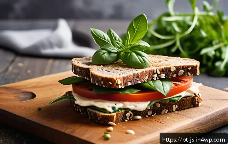 대체육으로 만든 아침 브레드 레시피 - A vibrant breakfast scene featuring a fresh plant-based sandwich on artisanal whole grain bread, lay...