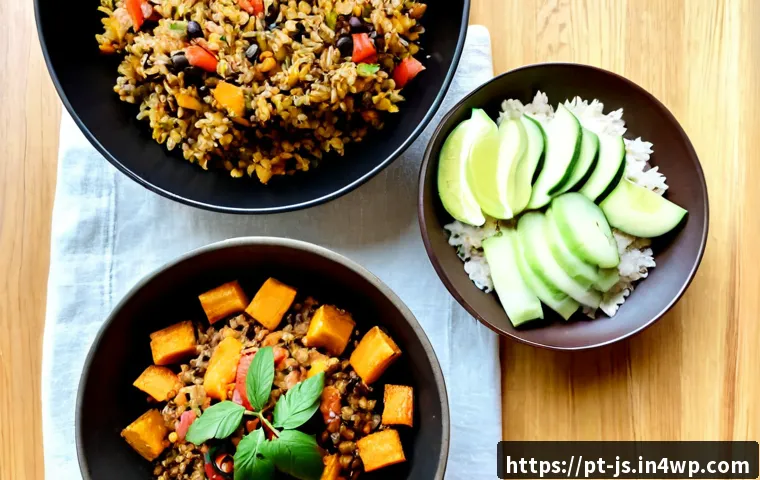Home 17 대체육을 활용한 고단백 요리법 - Photorealistic overhead food photography of a high-protein Brazilian-inspired plant-based meal: gold...