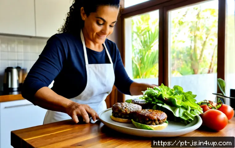 Home 17 대체육 요리의 대중화 트렌드 - Photorealistic Brazilian home kitchen scene showing a middle-aged woman preparing colorful plant-bas...