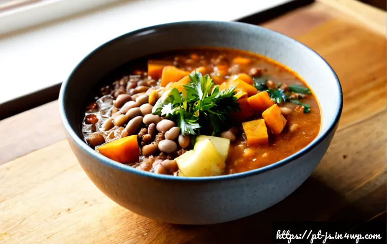 Home 17 대체육을 활용한 스프 레시피 - Photorealistic Brazilian-inspired vegetable soup made with plant-based ground meat, served in a rust...